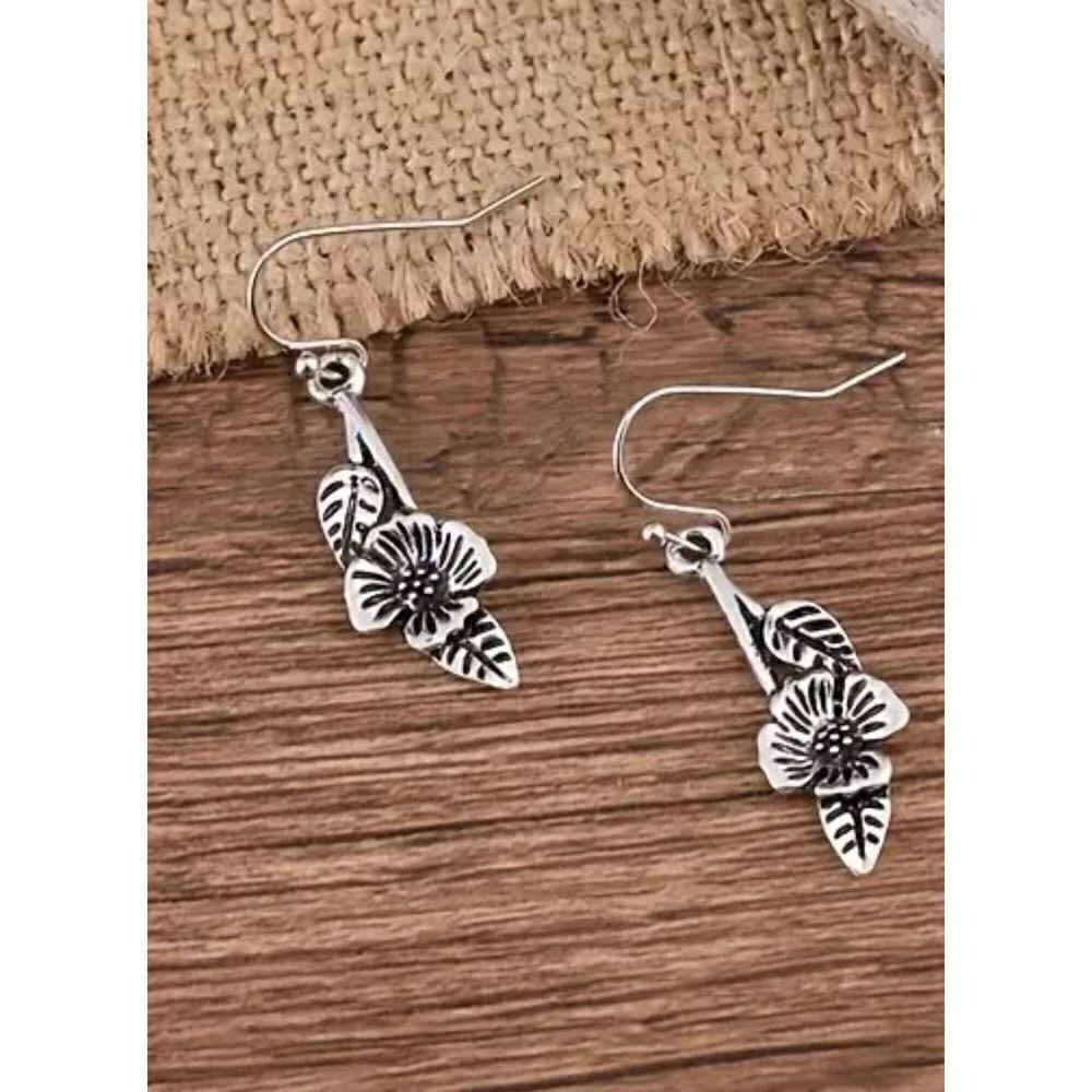 New- Silver Blossom and Leaf Dangle Earrings